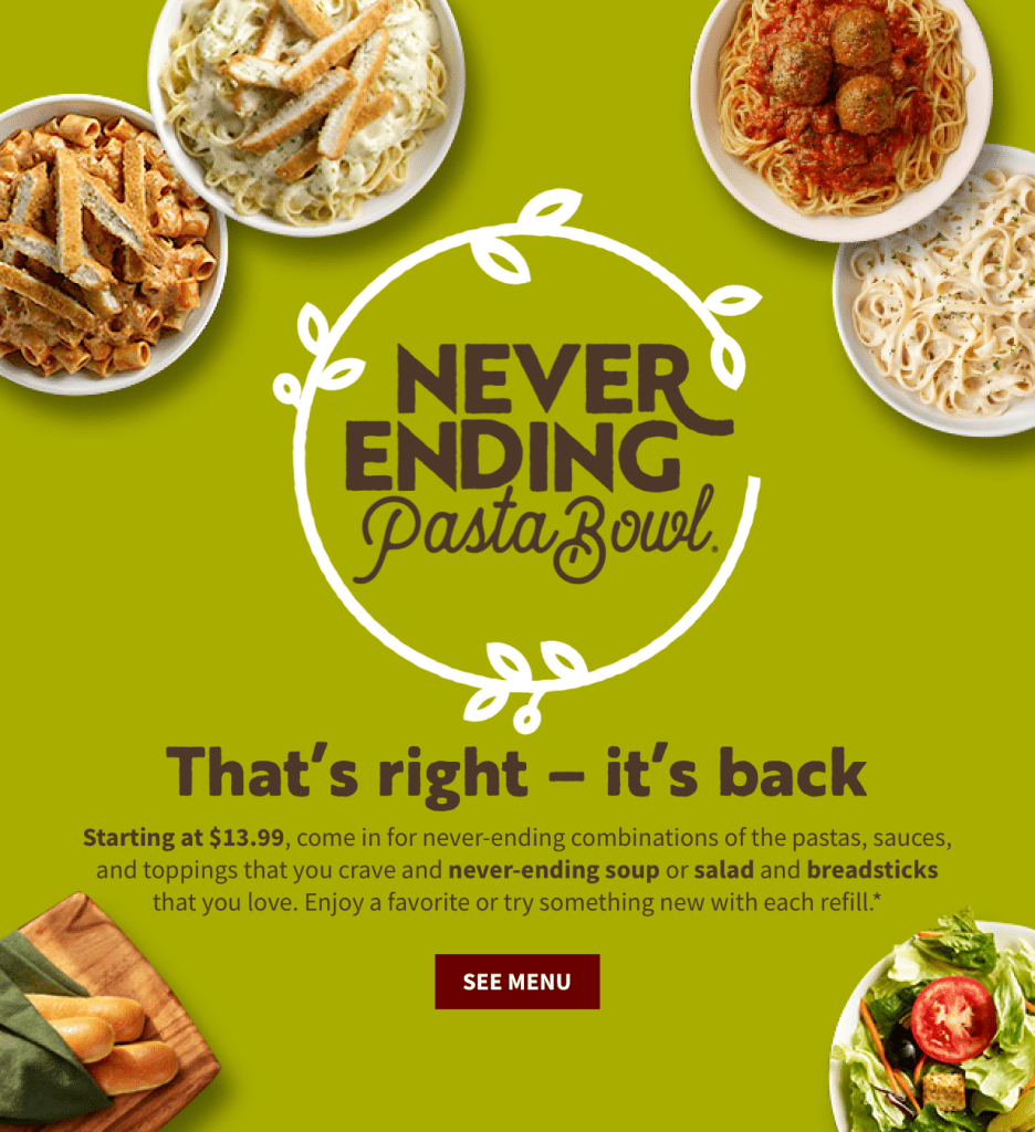 Olive Garden Brings Back Popular NeverEnding Pasta Bowl for Special